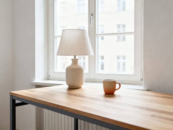 Schreibtisch mit Metallgestell und heller Holzplatte an einem Fenster