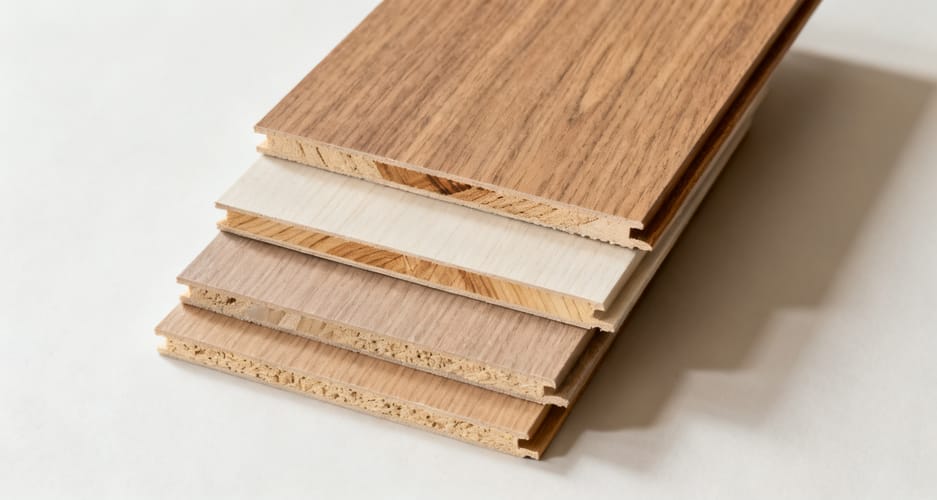 Angeschnittene Kanten von Massivholz, furnierter Platte und beschichteter Spanplatte nebeneinander
