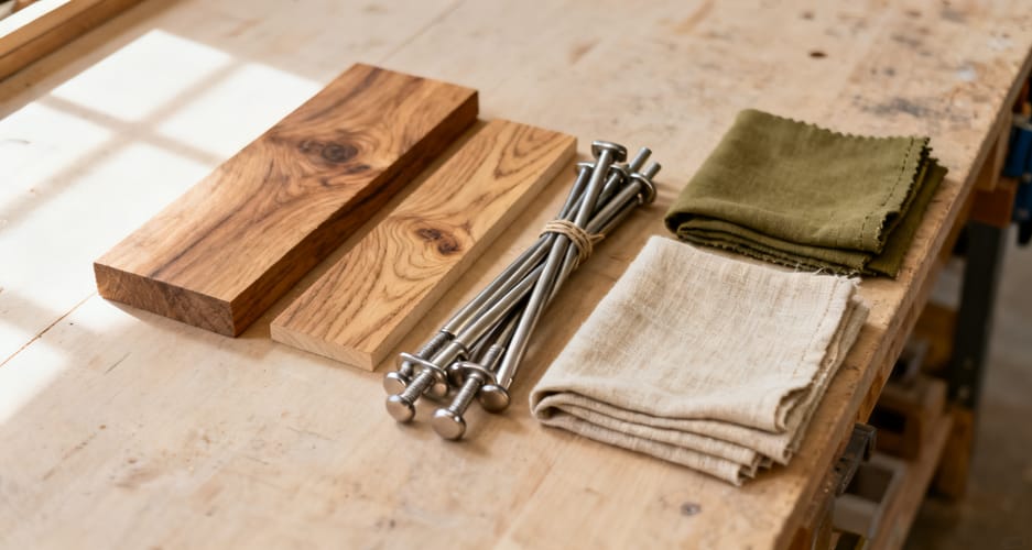 Holzplatten, Beschläge und Stoffmuster nebeneinander auf einer Werkbank