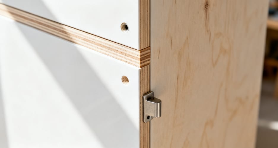 Nahaufnahme einer Möbelkante mit sichtbarer Kantenumleimung und einem Beschlag