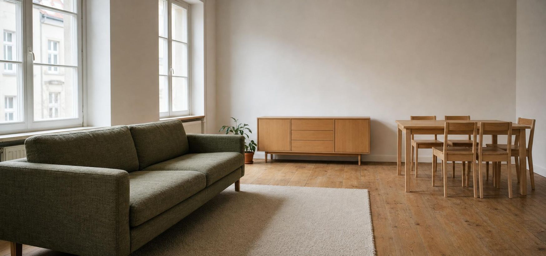 Offener Wohnraum mit Sofa, Esstisch und großen Fenstern bei Tageslicht