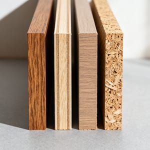 Kanten mehrerer Holzwerkstoffplatten nebeneinander