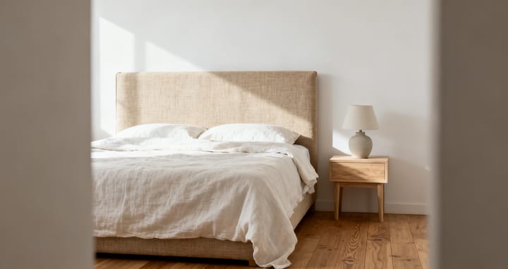 Bett mit gepolstertem Kopfteil und Leinenbettwäsche in einem ruhigen Schlafzimmer