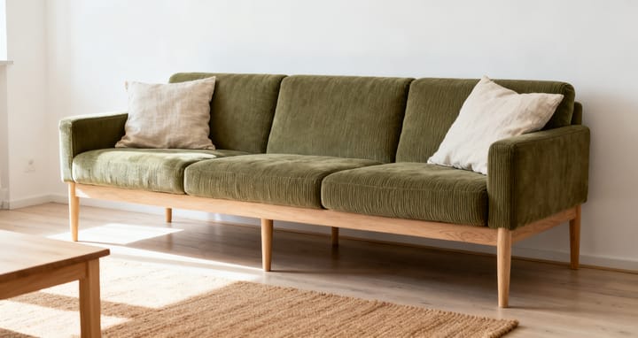 Dreisitzer-Sofa mit Cordbezug in einem hellen Wohnzimmer