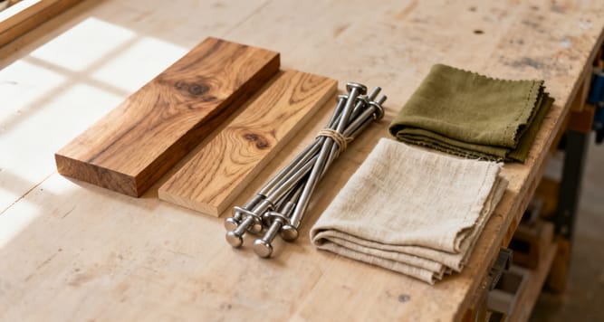 Holzplatten, Beschläge und Stoffmuster nebeneinander auf einer Werkbank