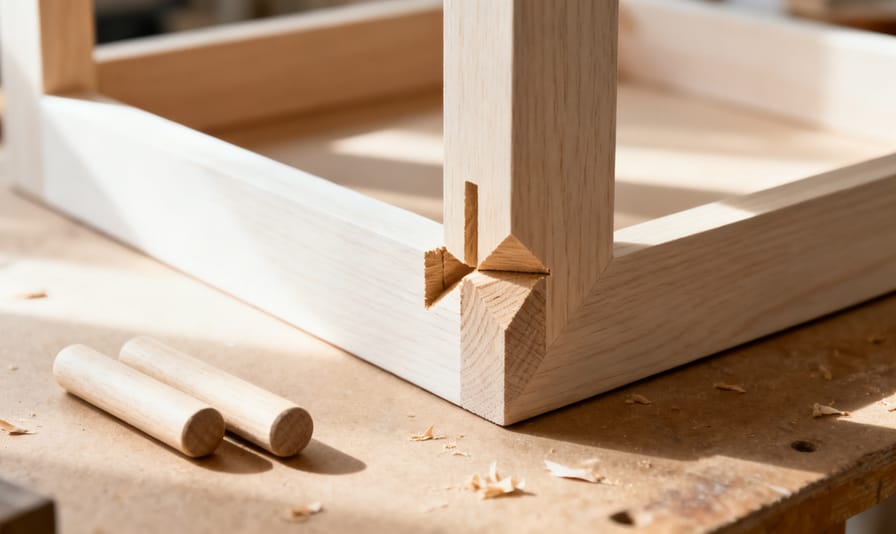 Verbindung zweier Holzteile an einem Möbelrahmen in Nahaufnahme