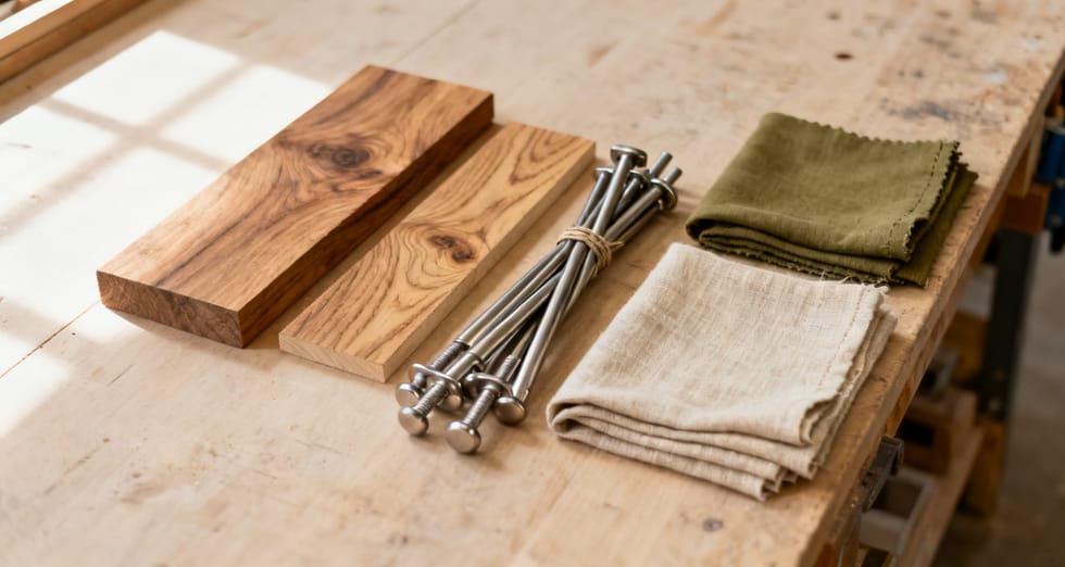 Holzplatten, Beschläge und Stoffmuster nebeneinander auf einer Werkbank