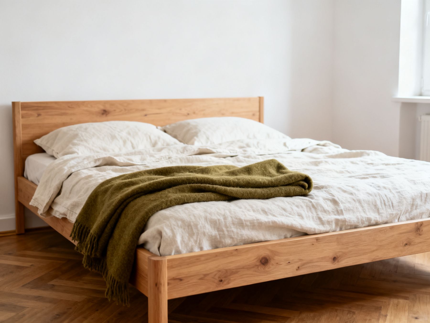 Bett mit gepolstertem Kopfteil und heller Leinenbettwäsche in einem ruhigen Schlafzimmer