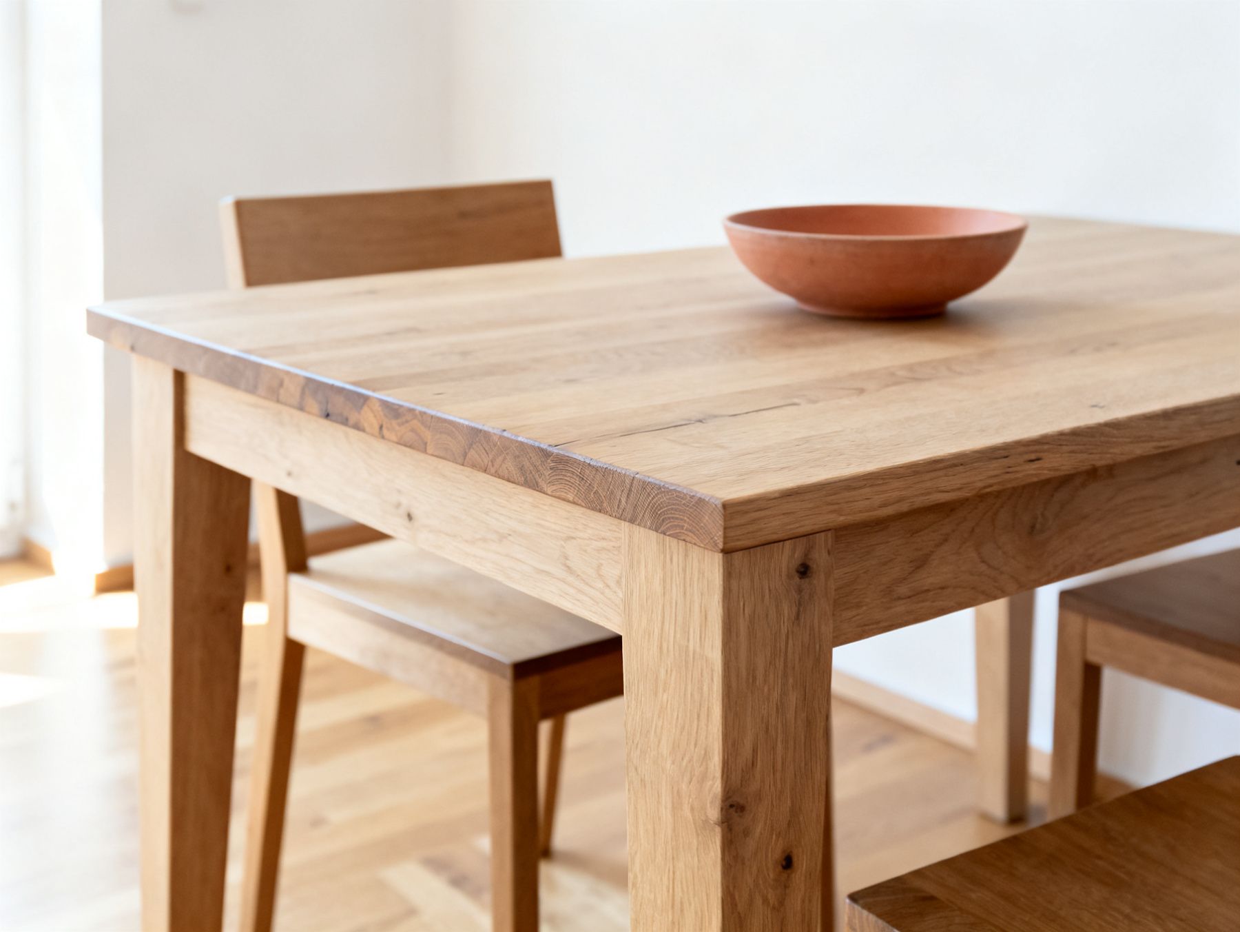 Esstisch aus Holz mit sichtbarer Maserung und zwei Stühlen an einer hellen Wand