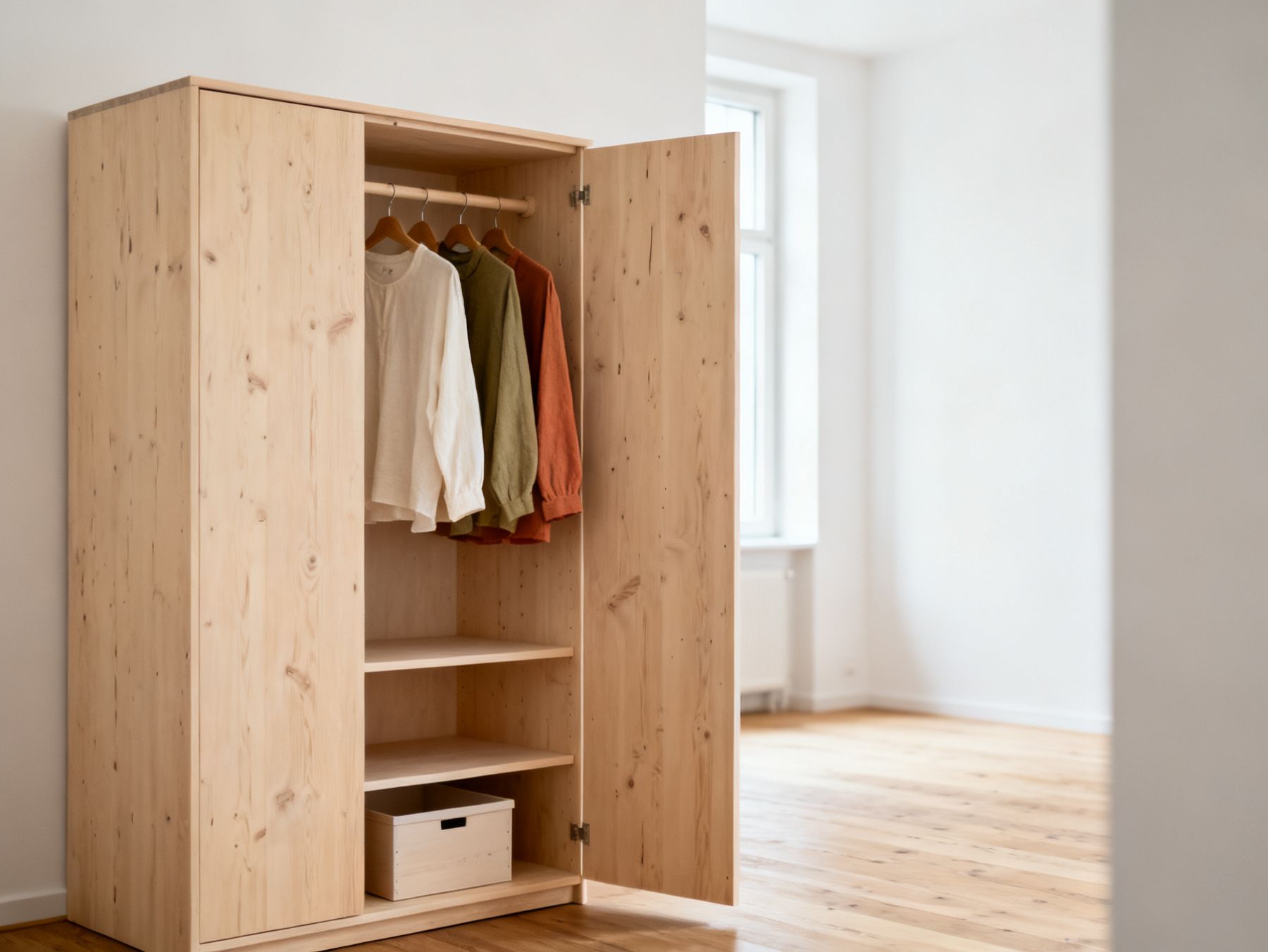 Geöffneter Kleiderschrank mit Kleiderstange und Einlegeböden in einem Schlafzimmer
