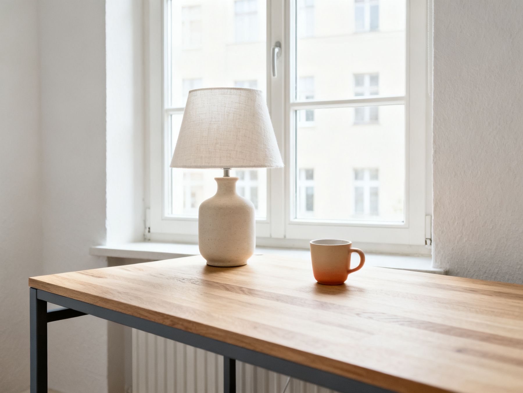 Schreibtisch mit Metallgestell und heller Holzplatte an einem Fenster